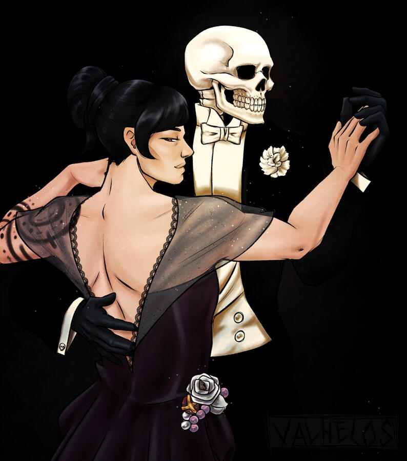 Digital art - 2025 - Character Illustration (J.C. Leyendecker "Couple Dancing" study with Valkyrie Cain and Skulduggery Pleasant.)